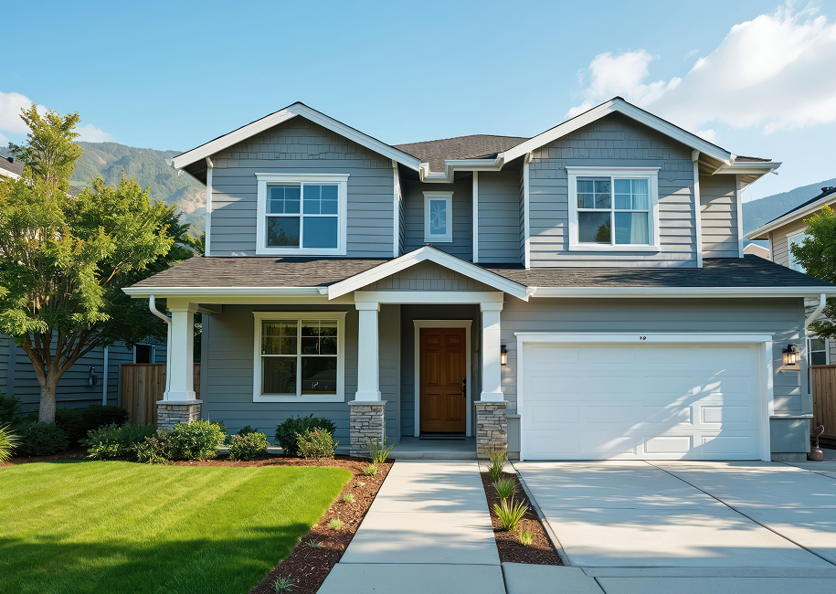 Modern home exterior with windows, doors, and garage door